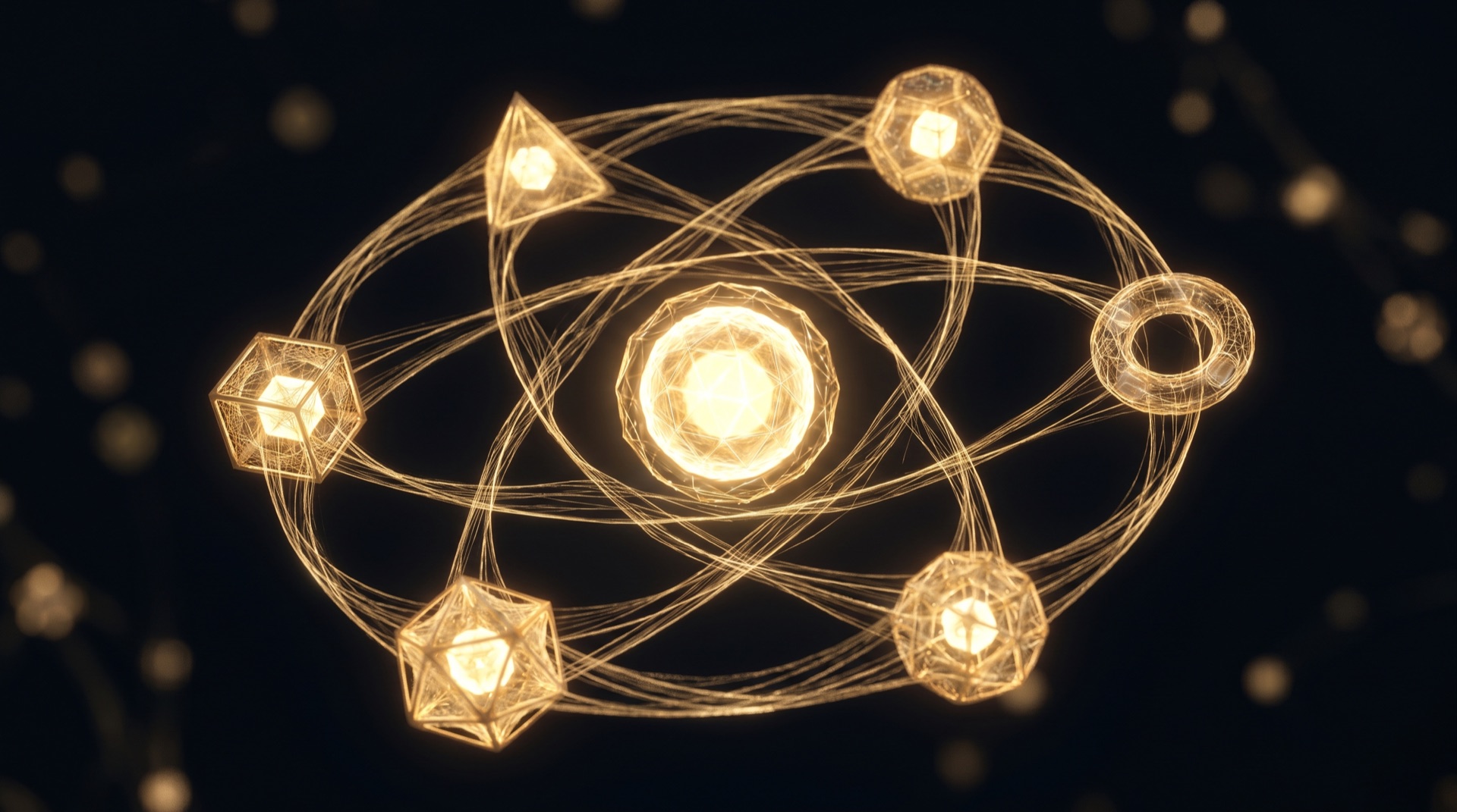 A glowing golden core encircled by interconnected nodes on a near-black background, representing the functions of a business working together.