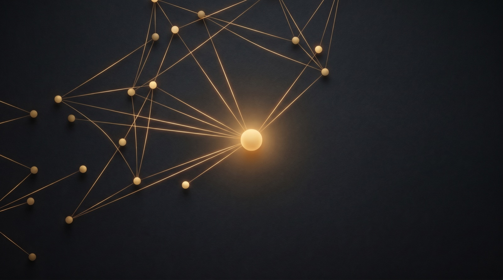 A scatter of golden nodes resolving toward one bright central point, representing many functions connected to one model of the business.